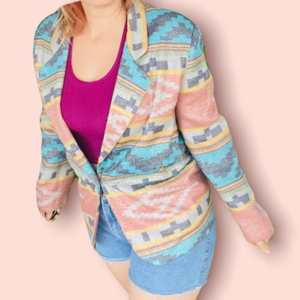 Vintage Bill Blass Aztec southwestern pastel blazer jacket size medium